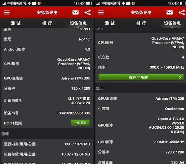 OPPO N1 mini安兔兔硬件检测信息