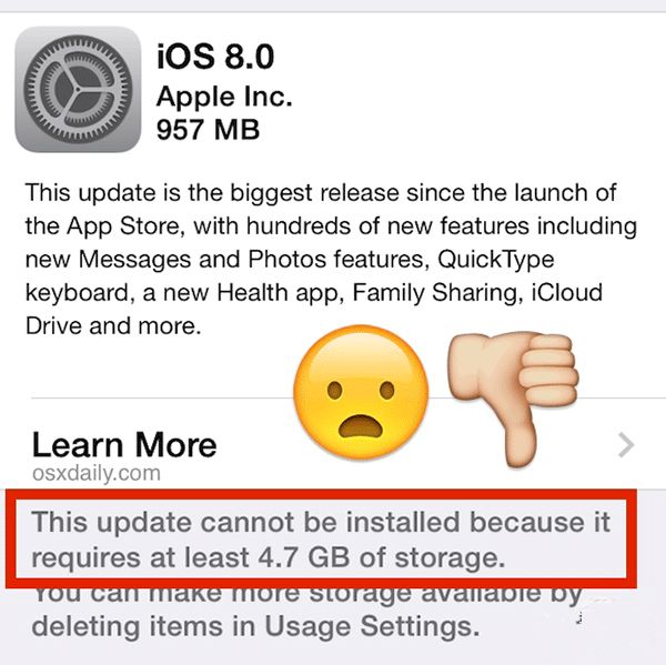 iOS8更新时需预留空间高达4.7GB iOS8更新时需预留空间高达4.7GB