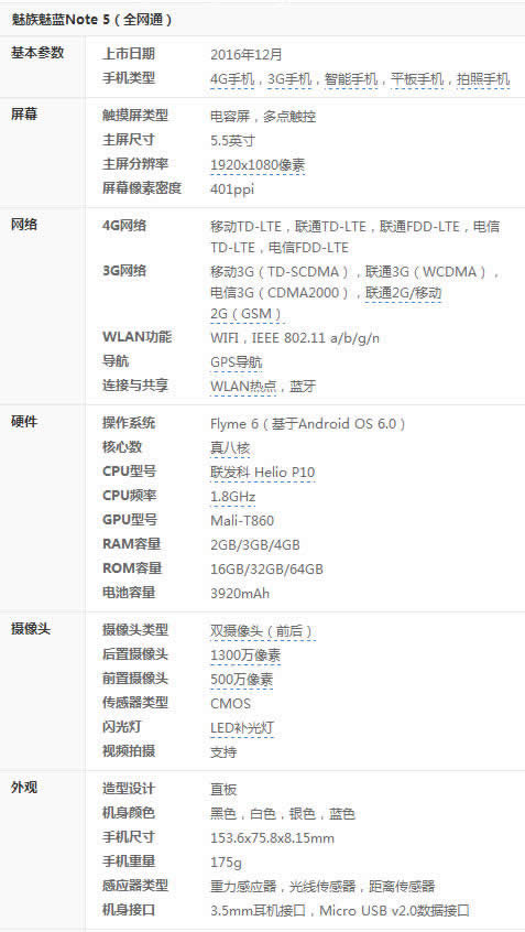 魅蓝note5配置参数图